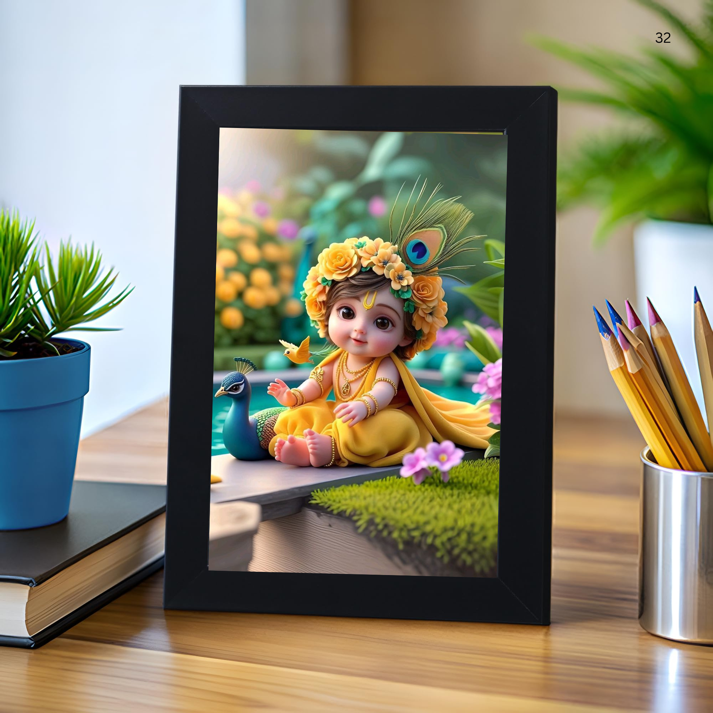 Baby Krishna Photo Frame | Shri Bal Gopal Painting for Pregnant Women | Kanha Ji Poster | Laddu Lord Makhan Chor | Walls Home Bedroom Living Room Decoration Gift