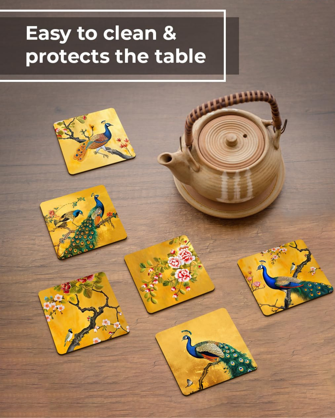 Premium Ethnic Peacock Rajasthani Square Wooden Coasters, Fit for Tea Cups, Coffee Mugs and Glasses 4 8 12 (3.5X3.5 Inch)  (Set of 6)003