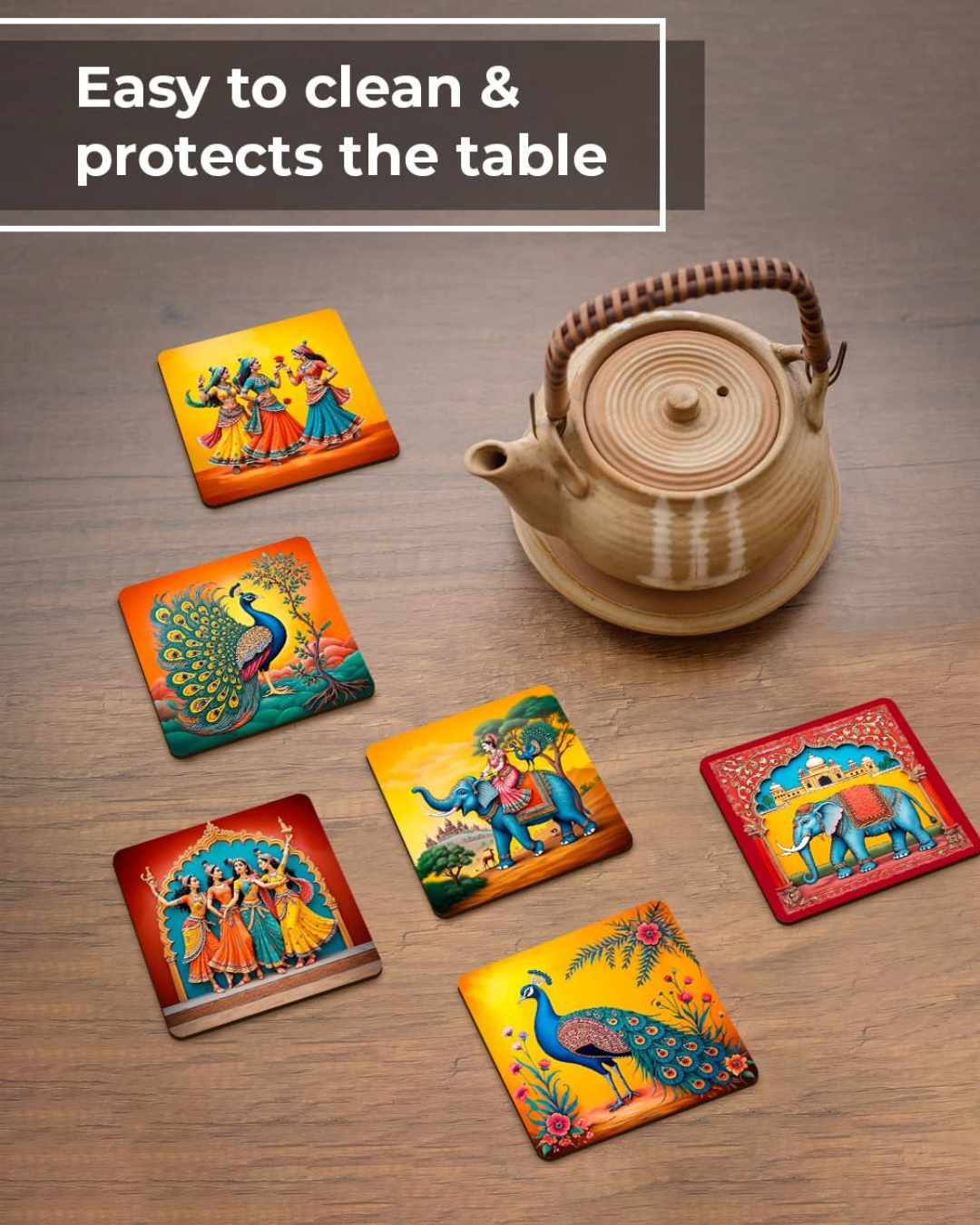 Premium Ethnic Peacock Elephant Rajasthani Square Wooden Coasters, Fit for Tea Cups, Coffee Mugs and Glasses 4 8 12 (3.5X3.5 Inch)  (Set of 6)004
