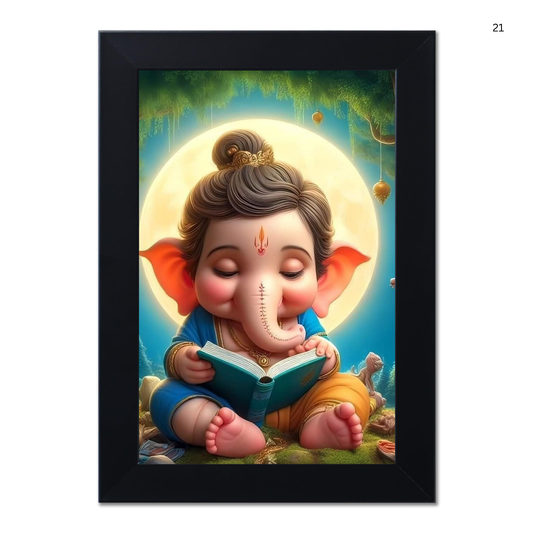 Lord Bal Ganesh Ji Photo Frame | Unique Ganesha Painting Picture for Home Decor, Wall Hanging, Puja Room, Ganpati Ji for Small Office Desk