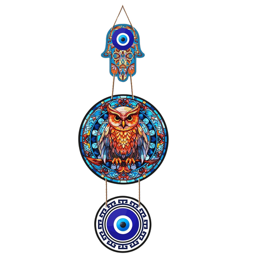 Round Owl Design Evil Eye Wall Hanging  Dark Multicolor Engineered Wood Decor