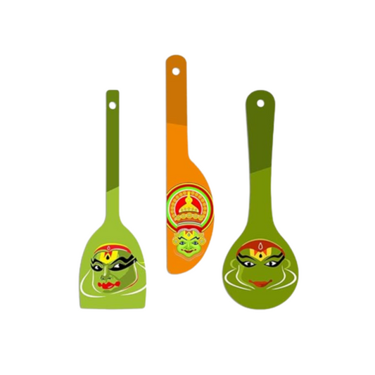 South Indian Cultural Dance Theme Spoon Shape Wall Hanging Set 3 Bpiece Engineered Wood Decor