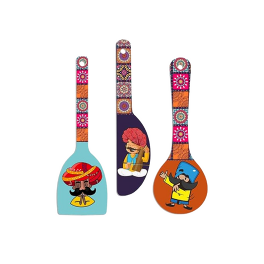 Rajasthani Cultural Theme Spoon Shape Wall Hanging Set 3 Piece Engineered Wood Decor