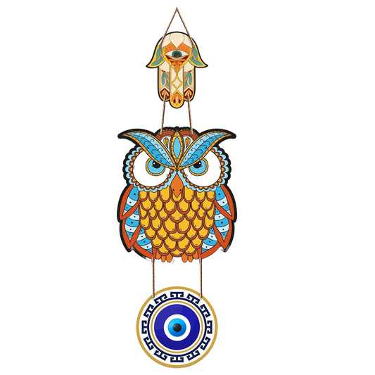 Multicolor Owl Shaped Evil Eye Wall Hanging  Sky Blue And Orange Engineered Wood Decor