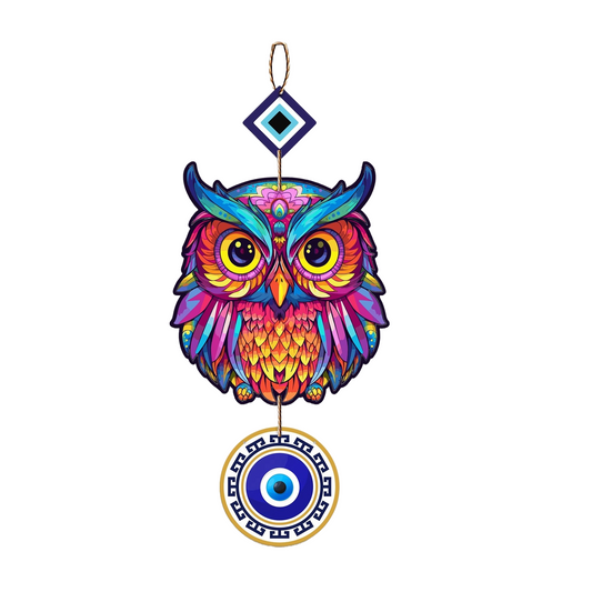 Purple Owl Shaped Evil Eye Wall Hanging  Multicolor Engineered Wood Decor