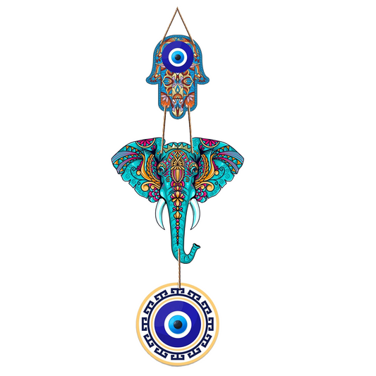 Elephant Shaped Evil Eye Wall Hanging Engineered Wood Decorative Charm