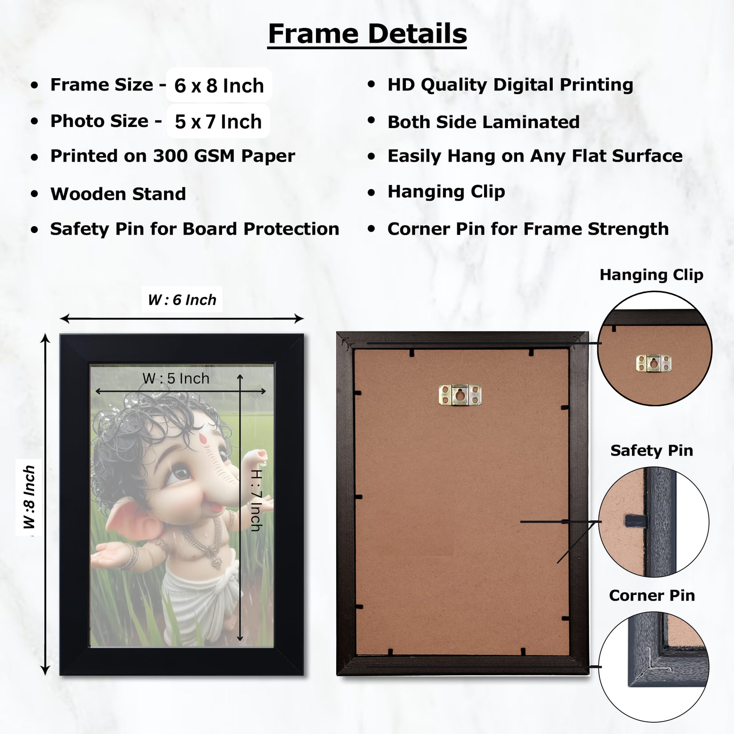 Lord Ganesha Ji Photo Frame for Wall and Pooja, Poster for Pooja, Religious Framed Painting, Laminated God Photo Frames, Wall Decor Photo Frame