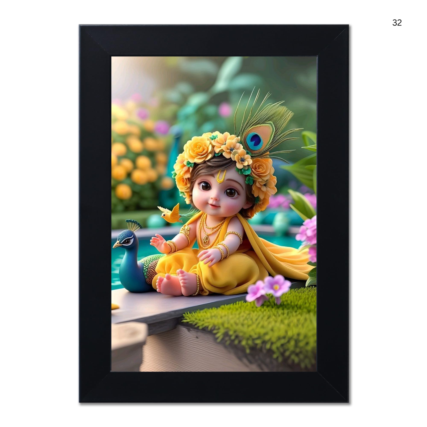 Baby Krishna Photo Frame | Shri Bal Gopal Painting for Pregnant Women | Kanha Ji Poster | Laddu Lord Makhan Chor | Walls Home Bedroom Living Room Decoration Gift