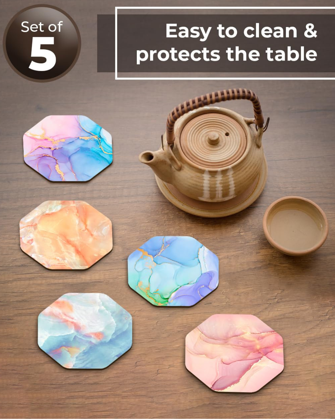 Marble Octagon Premium Designer Printed Beautiful Wooden Coasters Fit for Tea Cups, Coffee Mugs and Glasses 4 6 12 (3.5X3.5 Inch) ( (Set of 5)005