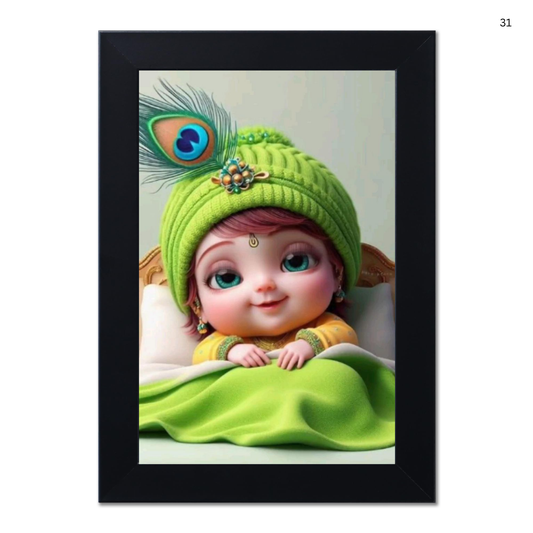 Baby Krishna Photo Frame | Shri Bal Gopal Painting for Pregnant Women | Kanha Ji Poster | Laddu Lord Makhan Chor | Walls Home Bedroom Living Room Decoration Gift