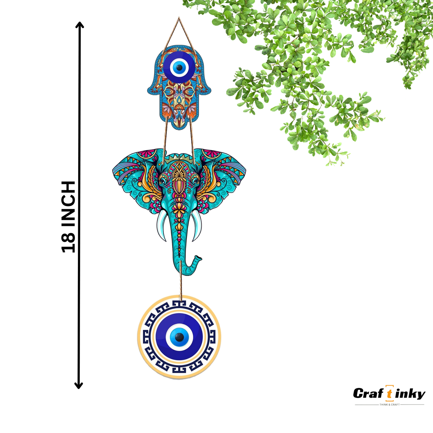 Elephant Shaped Evil Eye Wall Hanging Engineered Wood Decorative Charm