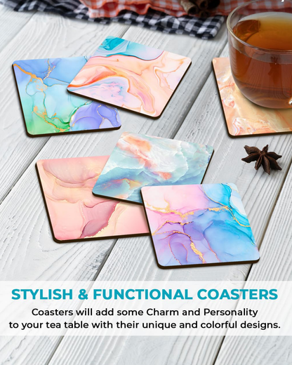 Marble Square Premium Designer Printed Beautiful Wooden Coasters Fit for Tea Cups, Coffee Mugs and Glasses Marble Square 12 8 (3.5X3.5 Inch) (Set of 6)006