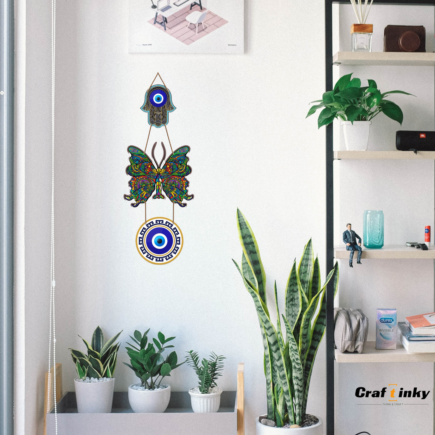 Dark Multicolor Butterfly Design Evil Eye Wall Hanging  Engineered Wood Decor