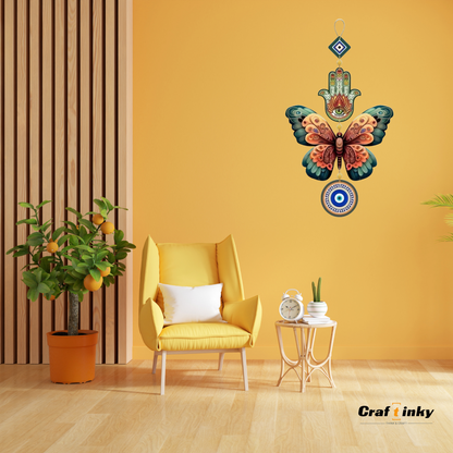 Butterfly Shaped Evil Eye Wall Hanging  Dark Green And Orange Engineered Wood Decor