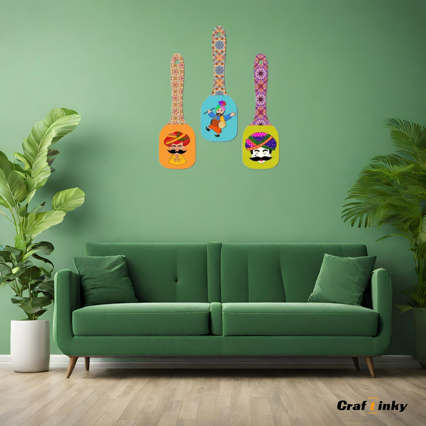 Bhangra Theme Spoon Shape Wall Hanging Set 3 piece Engineered Wood Decor