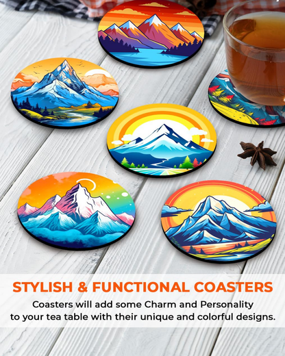 Premium Designer hills Printed Beautiful Wooden Coasters Fit for Tea Cups, Coffee Mugs and Glasses Marble round(3.5X3.5 Inch)(Set of 6)011