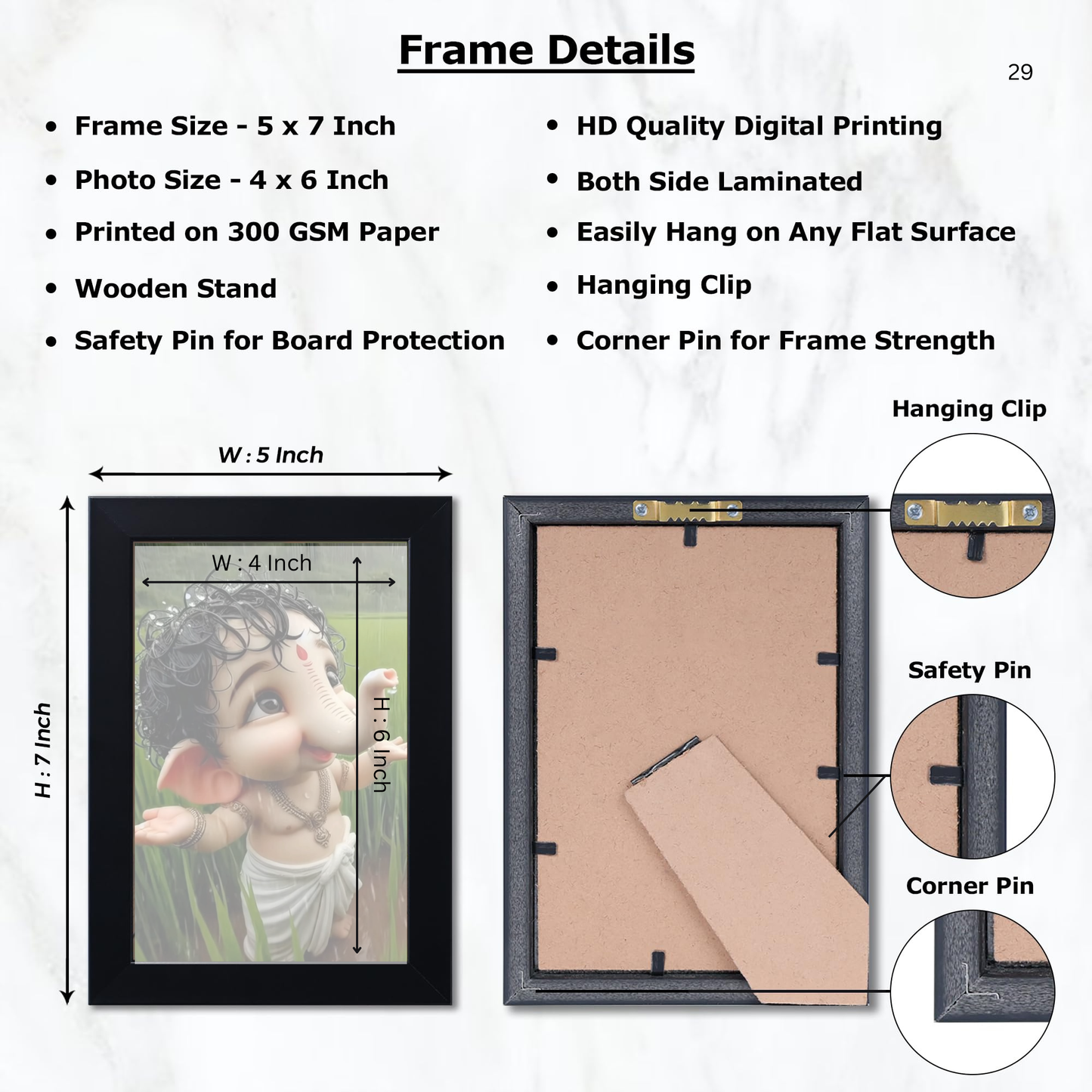 Lord Ganesha Ji Photo Frame for Wall and Pooja, Poster for Pooja, Religious Framed Painting, Laminated God Photo Frames, Wall Decor Photo Frame