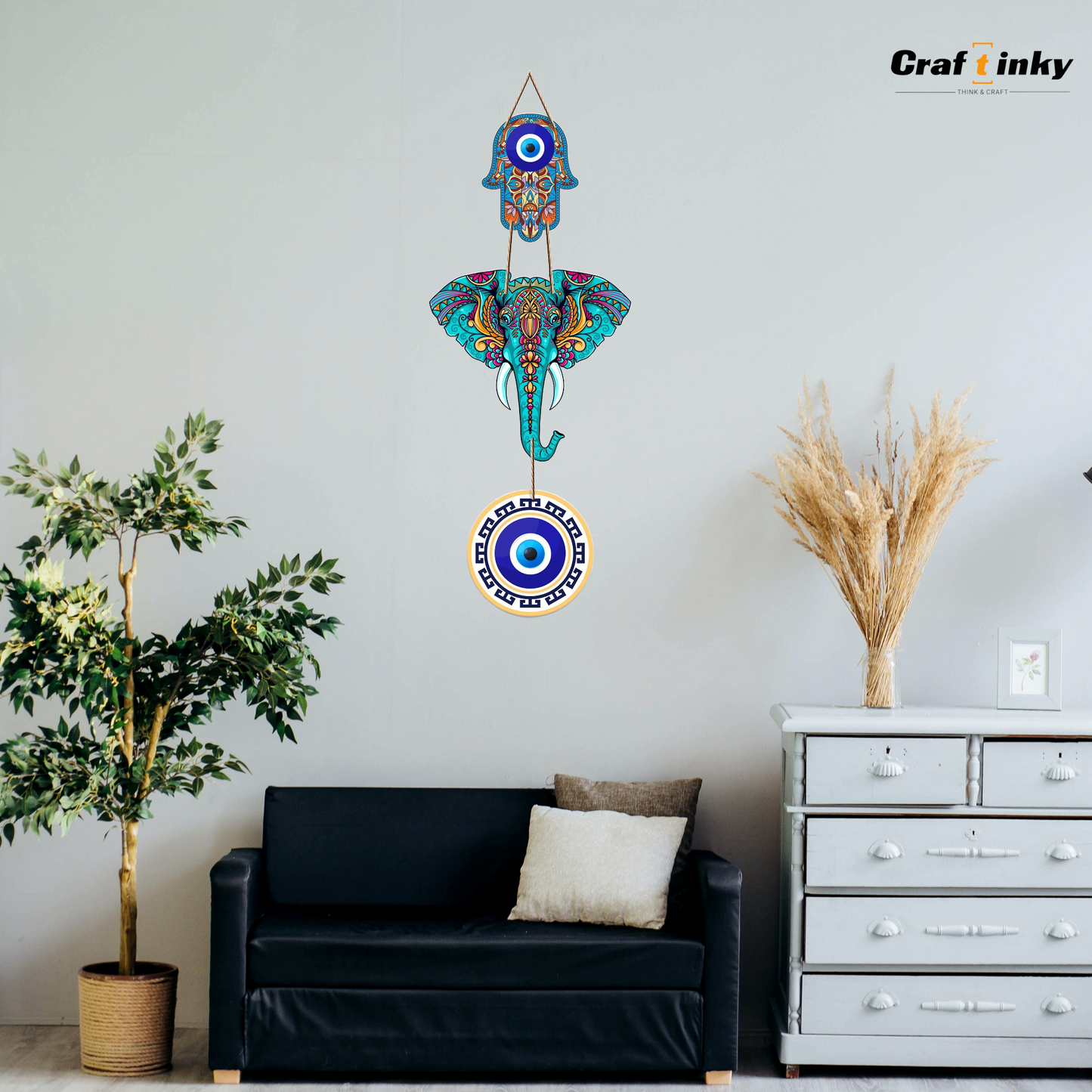 Elephant Shaped Evil Eye Wall Hanging Engineered Wood Decorative Charm