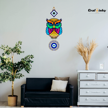 Small Owl Shaped Evil Eye Wall Hanging Multicolor Engineered Wood Decor