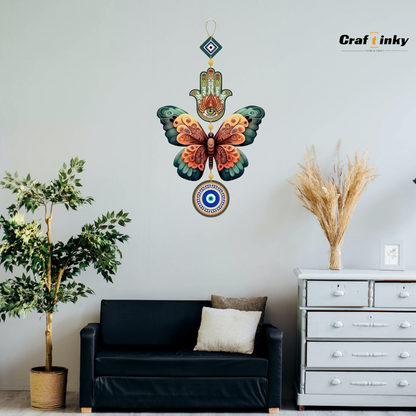 Butterfly Shaped Evil Eye Wall Hanging  Dark Green And Orange Engineered Wood Decor