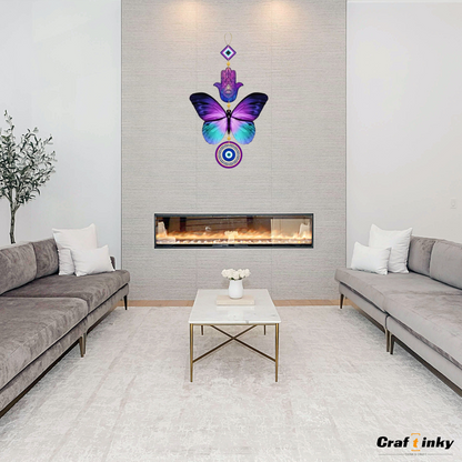 Purple Butterfly Design Evil Eye Wall Hanging  Engineered Wood Decorative Charm