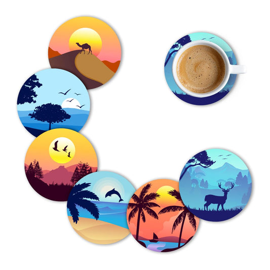 Premium Sky  Designer Printed Beautiful Wooden Coasters Fit for Tea Cups, Coffee Mugs and Glasses Marble round (3.5X3.5 Inch) ((Set of 6))008