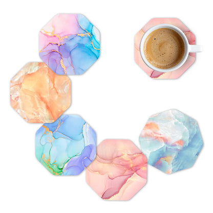 Marble Octagon Premium Designer Printed Beautiful Wooden Coasters Fit for Tea Cups, Coffee Mugs and Glasses 4 6 12 (3.5X3.5 Inch) ( (Set of 5)005
