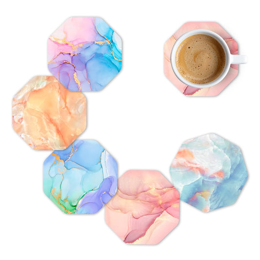 Marble Octagon Premium Designer Printed Beautiful Wooden Coasters Fit for Tea Cups, Coffee Mugs and Glasses 4 6 12 (3.5X3.5 Inch) ( (Set of 5)005