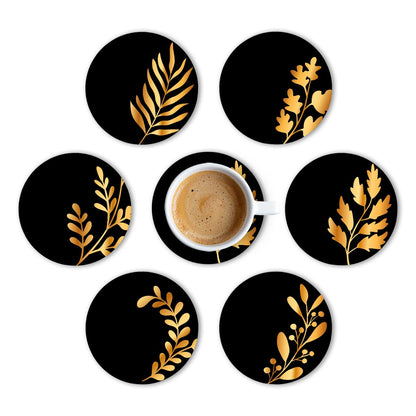 Premium Round Black Leaf Beautiful Wooden Coasters, Diwali Gift, Fit for Tea Cups, Coffee Mugs and Glasses 4 8 12 (3.5X3.5 Inch) (Design 12 (Set of 6))001