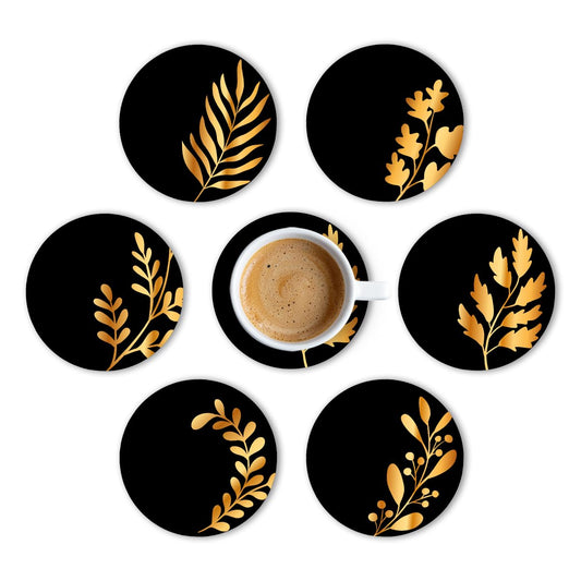 Premium Round Black Leaf Beautiful Wooden Coasters, Diwali Gift, Fit for Tea Cups, Coffee Mugs and Glasses 4 8 12 (3.5X3.5 Inch) (Design 12 (Set of 6))001