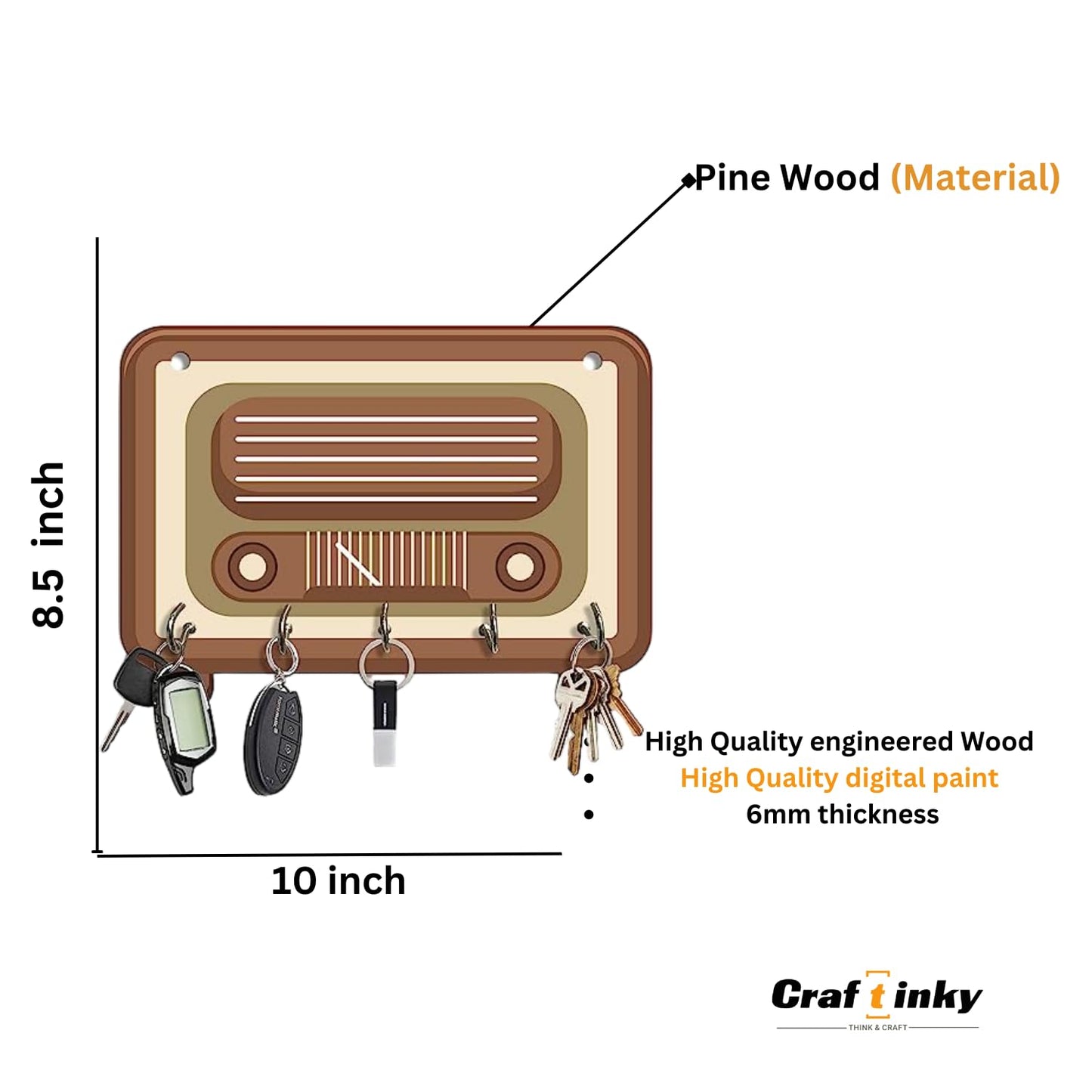 Vintage Radio Design Key Holder  Engineered Wood Wall Organizer With Inspirational Quote