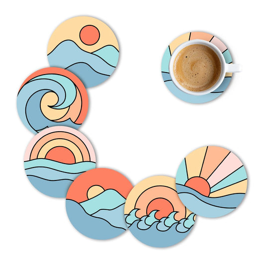 Premium Designer painting Printed Beautiful Wooden Coasters Fit for Tea Cups, Coffee Mugs and Glasses Marble round (3.5X3.5 Inch) ((Set of 6))007