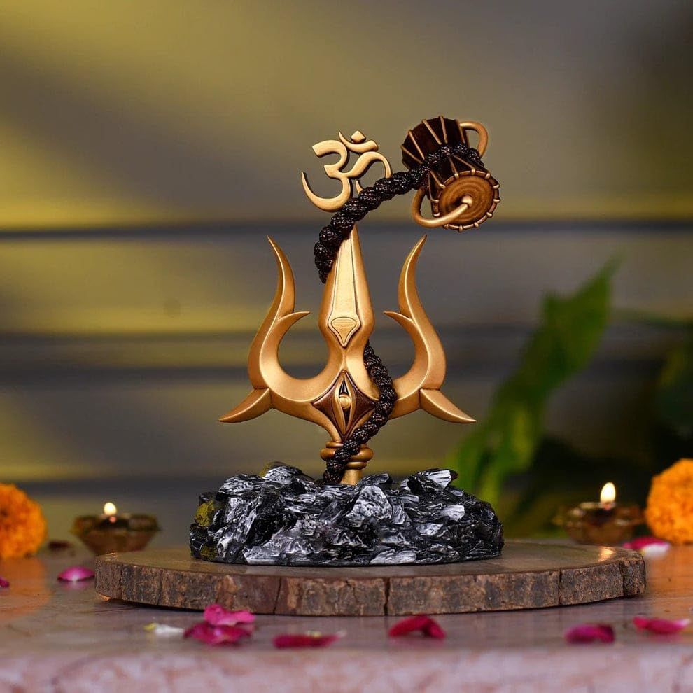 Trishul with Damru grey base Decorative Showpiece Statue for Car Dashboard, Pooja, Home & Office Decor | Shankar Ji Trishul to Ward Off Evil Eye | Unique Rakshabandhan Rakhi Gift for Brother & Sister