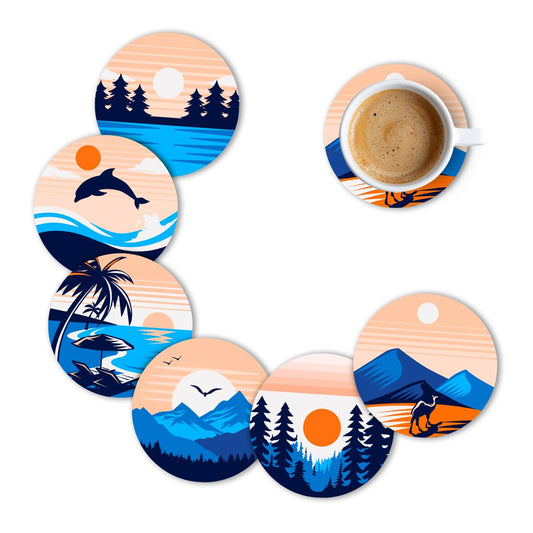 lake Design Premium Designer Printed Beautiful Wooden Coasters Fit for Tea Cups, Coffee Mugs and Glasses Marble round (3.5X3.5 Inch) (Design 17 (Set of 6))009