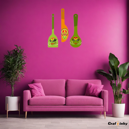 South Indian Cultural Dance Theme Spoon Shape Wall Hanging Set 3 Bpiece Engineered Wood Decor