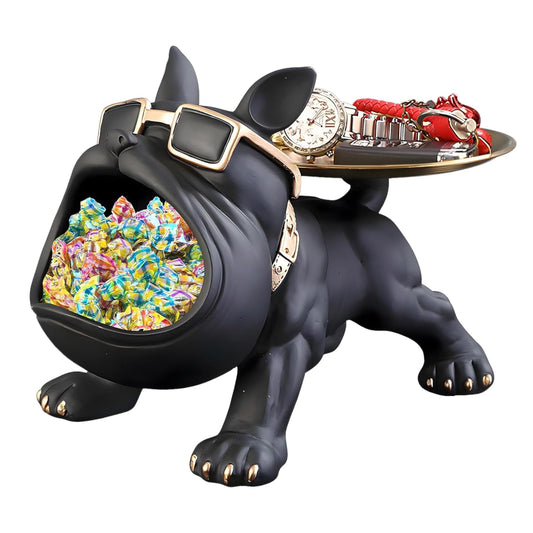 Bulldog Storage Butler Sculpture| Handcrafted Resin Sculpture | Tray and Bowl Storage | Ideal for Keys, Jewelry, and Trinkets | Stylish Gift Option in Black