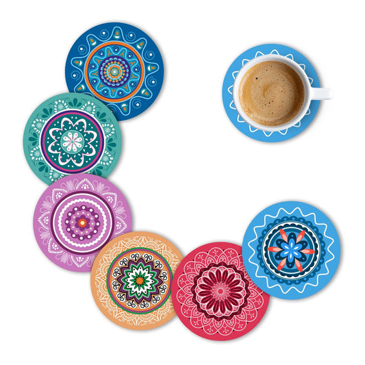 Premium Round Mandala Ethnic Beautiful Wooden Coasters, Diwali Gift, Fit for Tea Cups, Coffee Mugs and Glasses (Set of 6)013