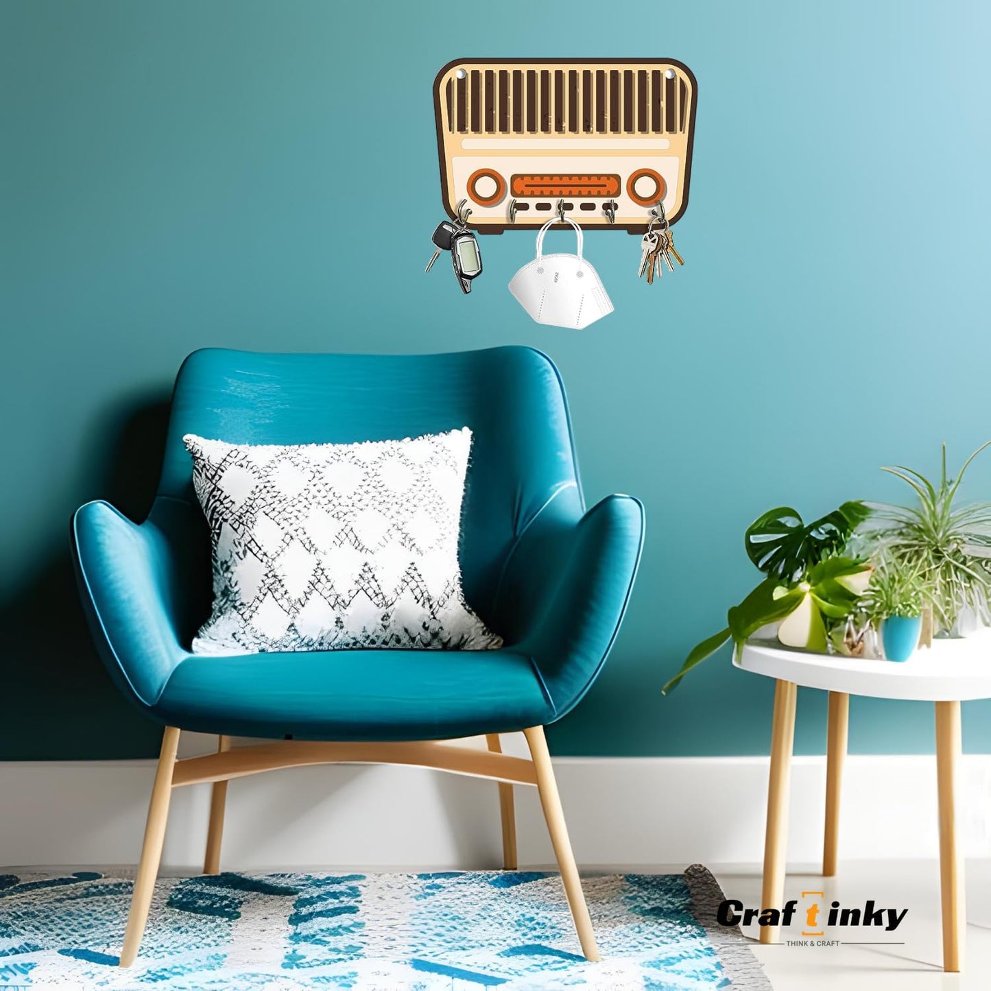 Retro Radio Design Key Holder  Engineered Wood Wall Organizer With Inspirational Quote