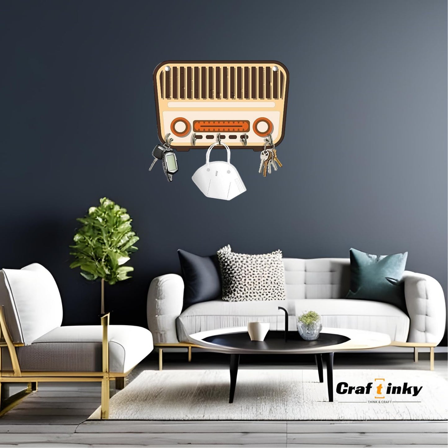 Retro Radio Design Key Holder  Engineered Wood Wall Organizer With Inspirational Quote