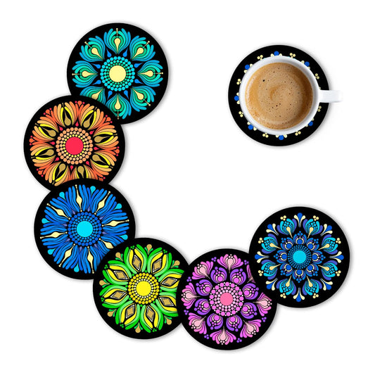Premium Round Mandala Ethnic Beautiful Wooden Coasters, Diwali Gift, Fit for Tea Cups, Coffee Mugs and Glasses (3.5X3.5 Inch) (Set of 6)010