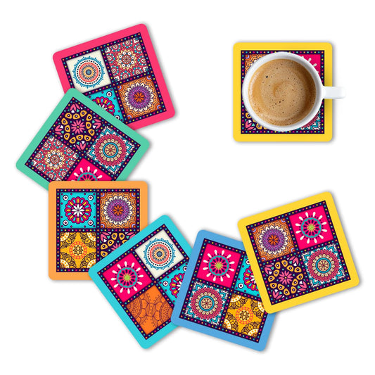 Premium Mandala Ethnic Square Wooden Coasters, Diwali Gift, Fit for Tea Cups, Coffee Mugs and Glasses (Set of 6)014