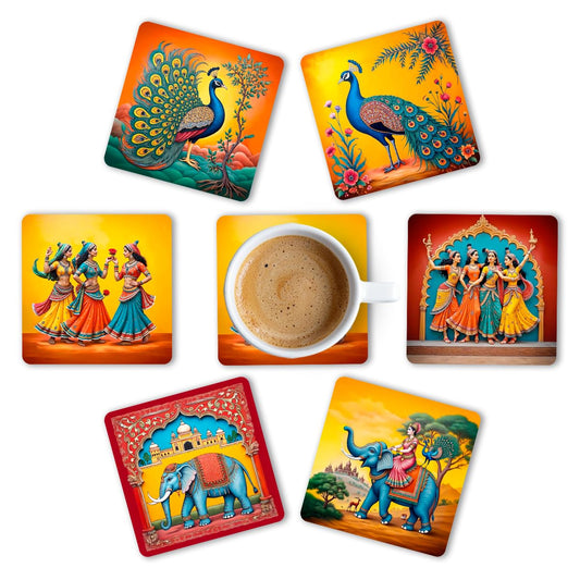 Premium Ethnic Peacock Elephant Rajasthani Square Wooden Coasters, Fit for Tea Cups, Coffee Mugs and Glasses 4 8 12 (3.5X3.5 Inch)  (Set of 6)004