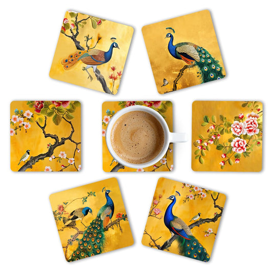 Premium Ethnic Peacock Rajasthani Square Wooden Coasters, Fit for Tea Cups, Coffee Mugs and Glasses 4 8 12 (3.5X3.5 Inch)  (Set of 6)003