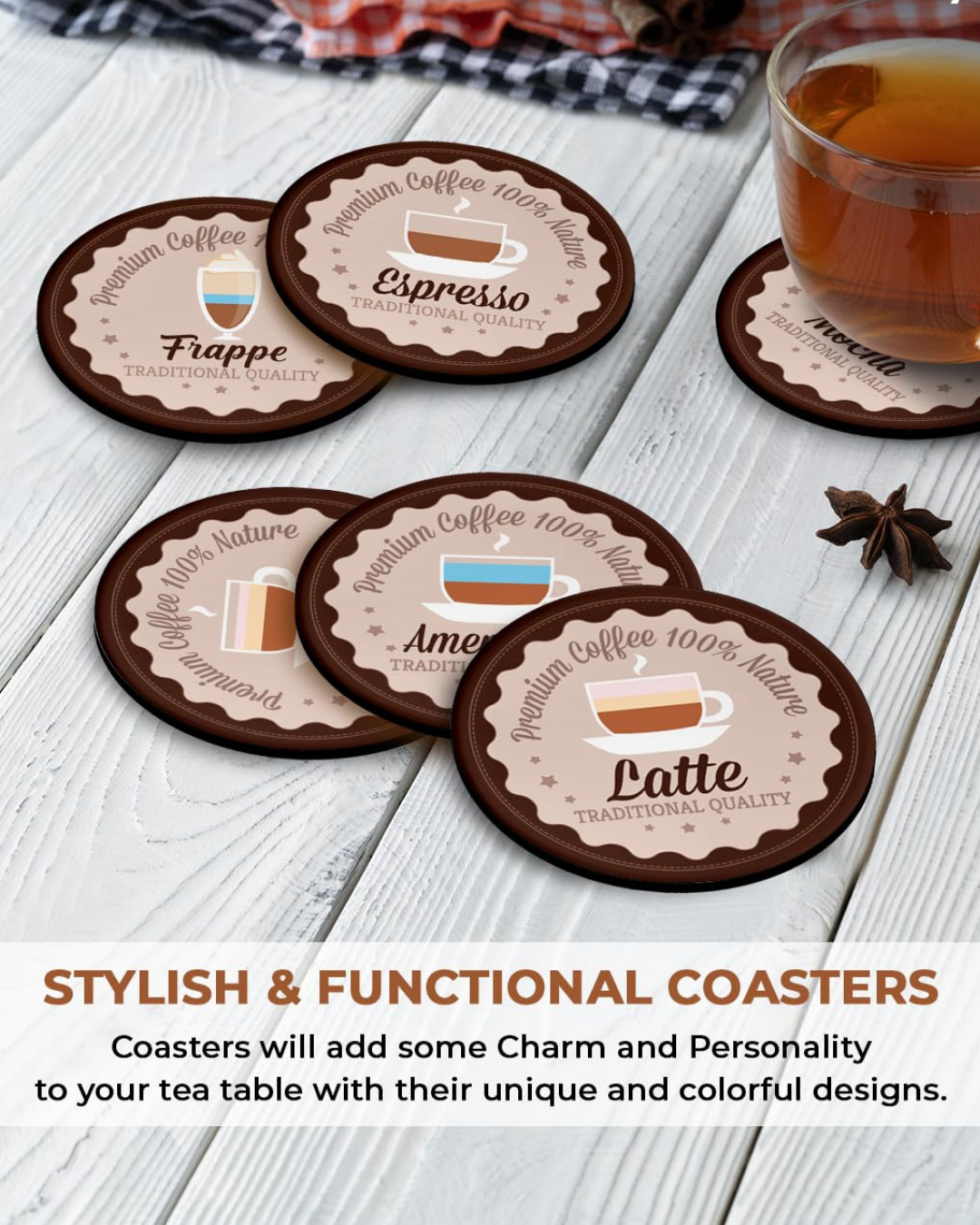 Coffee Design Premium Designer Printed Beautiful Wooden Coasters Fit for Tea Cups, Coffee Mugs and Glasses (Set of 6)016