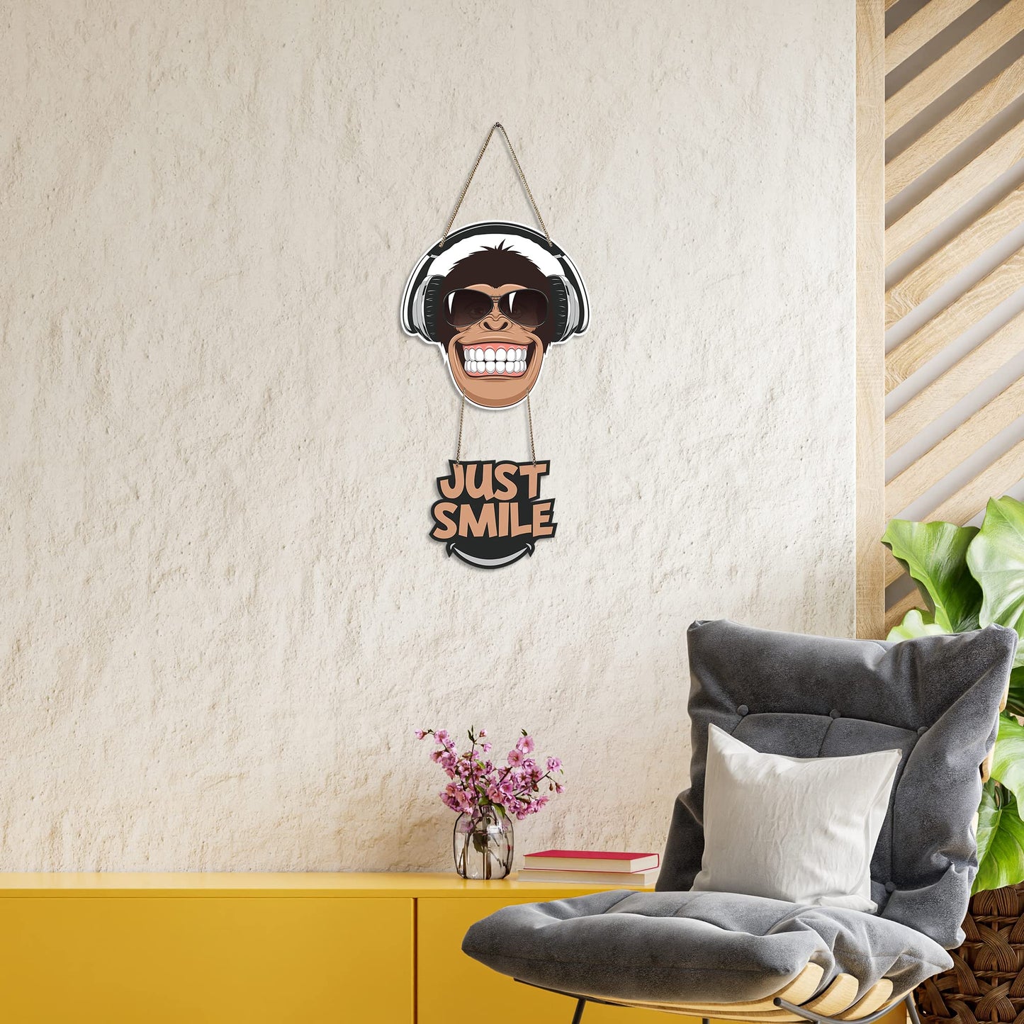 Monkey Design Wall Hanging With Quote just Smile Cheerful Engineered Wood Decor