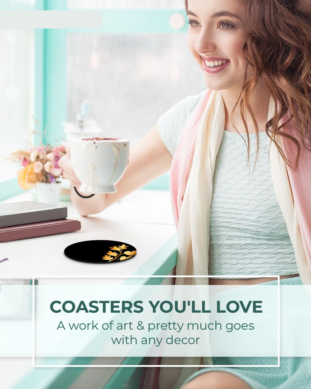 Black Theme Premium Designer Printed Beautiful Wooden Coasters Fit for Tea Cups, Coffee Mugs and Glasses (Set of 4))020