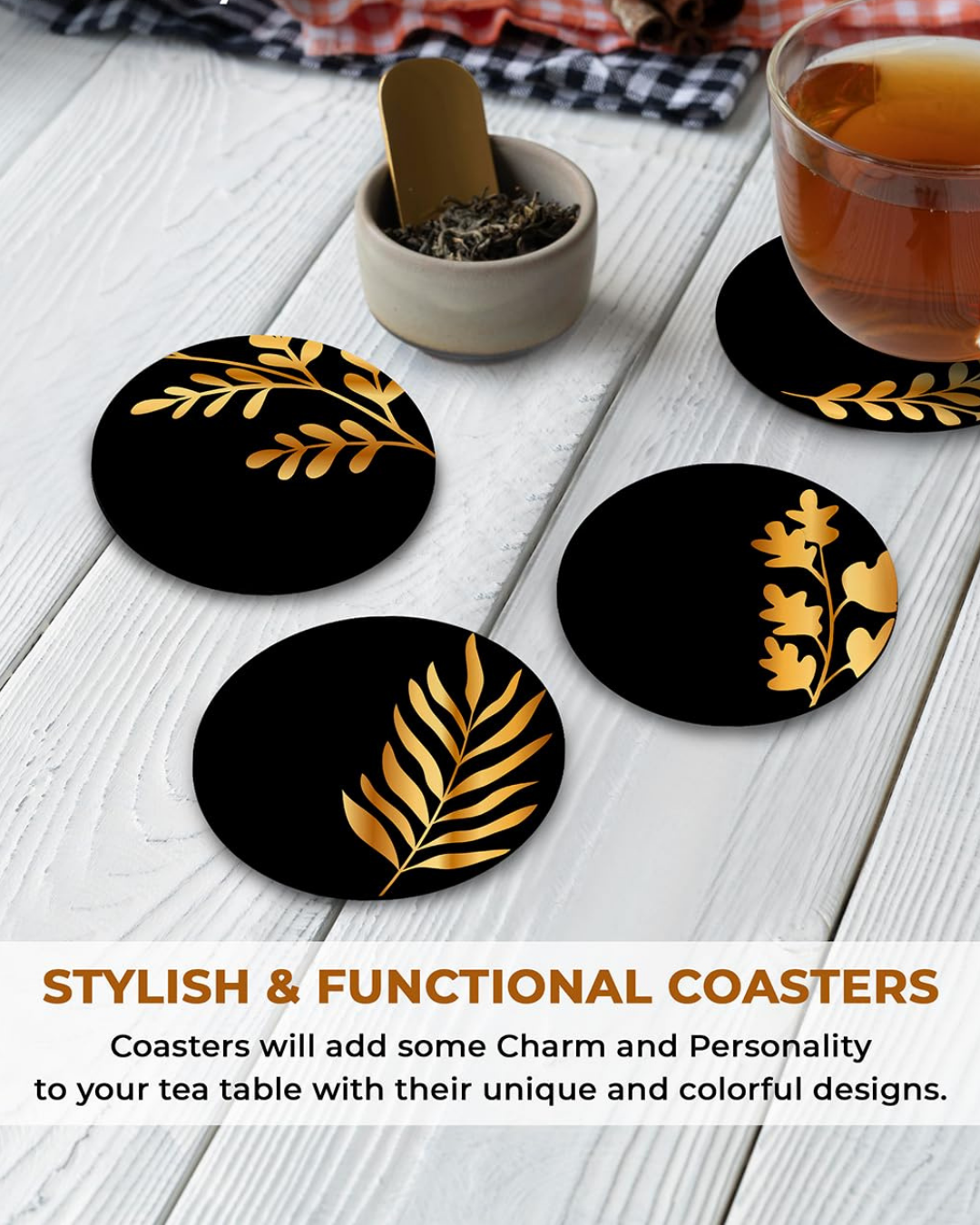Black Theme Premium Designer Printed Beautiful Wooden Coasters Fit for Tea Cups, Coffee Mugs and Glasses (Set of 4))020