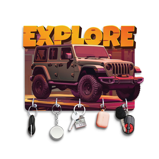"Adventure Awaits: Modern Engineered Wood Key Holder with Explore Theme"