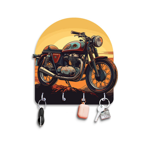 "Ride into the Sunset: Engineered Wood Key Holder with Vintage Motorcycle Theme"