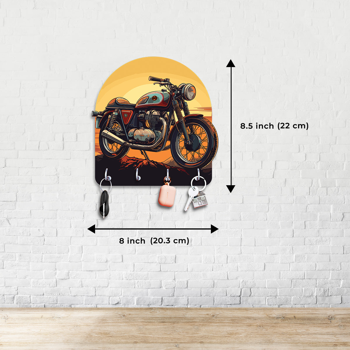 "Ride into the Sunset: Engineered Wood Key Holder with Vintage Motorcycle Theme"